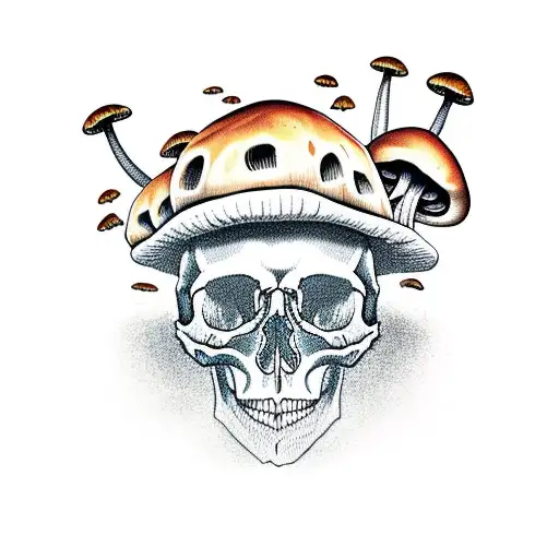 skull with mushrooms growing out of it tattoo design idea