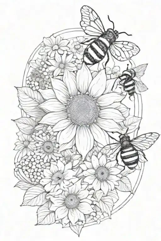 mandala, hydrangea, sunflower, bumblebee and honeycomb floral with black band stipple and some water colour design  tattoo design idea