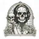 realistic women tiwh gothic window background holding a smokey skull tattoo design idea