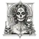 realistic women tiwh gothic window background holding a smokey skull tattoo design idea
