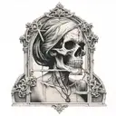 realistic women tiwh gothic window background holding a smokey skull tattoo design idea