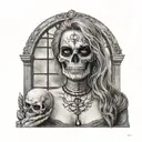 realistic women tiwh gothic window background holding a smokey skull tattoo design idea