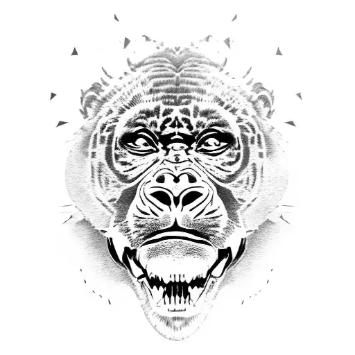 half gorilla half tiger head roaring with jungle background tattoo design idea