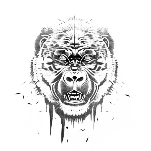 half gorilla half tiger head split down the middle roaring with jungle background tattoo design idea