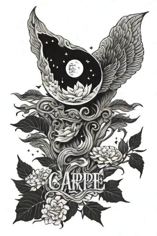 MOON WITH QUOTE ONE SENTENCE TAHT SAYS," CARPE DIEM  " tattoo design idea