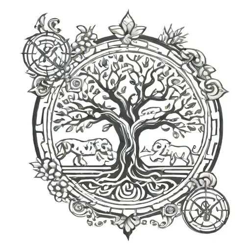 tree of life intertwined with Leo, Scorpio, Sagittarius and Capricorn zodiac signs tattoo design idea