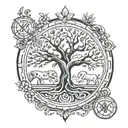 tree of life intertwined with Leo, Scorpio, Sagittarius and Capricorn zodiac signs tattoo design idea