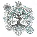 tree of life intertwined with Leo, Scorpio, Sagittarius and Capricorn zodiac signs tattoo design idea