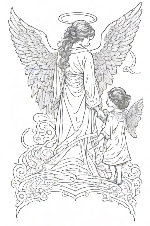 An angel and a little child. The angel holds child's hand. Back view they are standing tattoo design idea