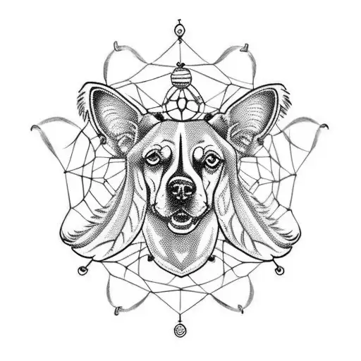 A traditional tattoo of a dreamcatcher adorned with dog-related symbols, representing protection and the bond between humans and animals tattoo design idea