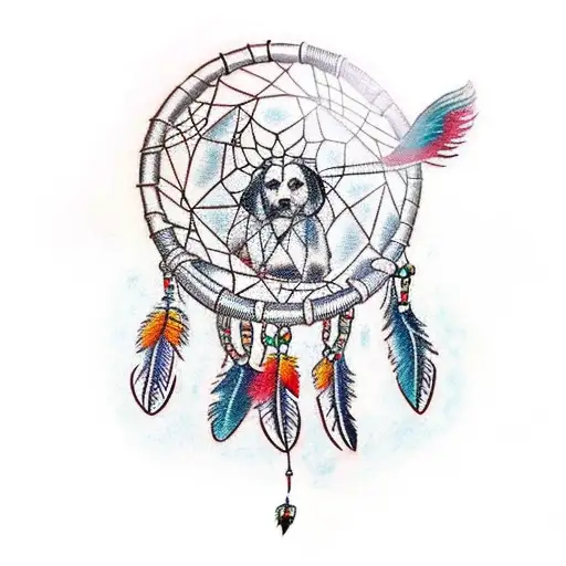 A traditional tattoo of a dreamcatcher adorned with dog-related symbols, representing protection and the bond between humans and animals tattoo design idea