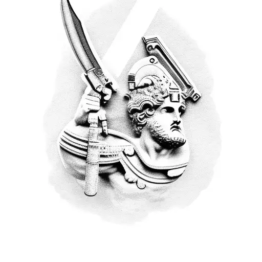 An ancient Greek statue holding a futuristic firearm tattoo design idea
