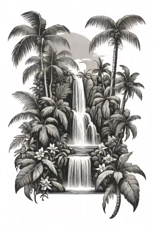tropical waterfall with plants flowers and palm trees tattoo design idea