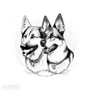 A sketch-style tattoo of a German Shepherd and a Border Collie playing together in a park with Buenos Aires cityscape as the backdrop tattoo design idea