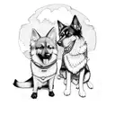 A sketch-style tattoo of a German Shepherd and a Border Collie playing together in a park with Buenos Aires cityscape as the backdrop tattoo design idea