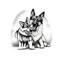 A sketch-style tattoo of a German Shepherd and a Border Collie playing together in a park with Buenos Aires cityscape as the backdrop tattoo design idea