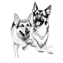 A sketch-style tattoo of a German Shepherd and a Border Collie playing together in a park with Buenos Aires cityscape as the backdrop tattoo design idea