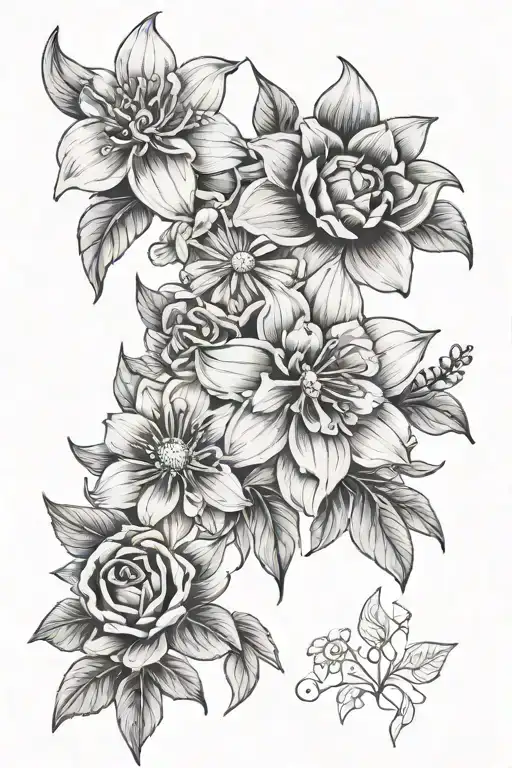 2 daisy flower, lily of the valley, rose, larkspur, 2 marigold, narcissus tattoo design idea