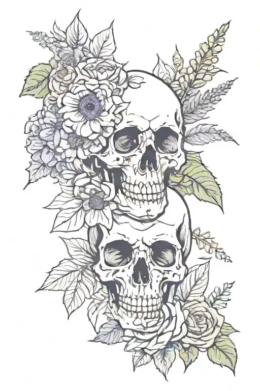 fine line florals sunflowers, ivy, and lavender with skull  tattoo design idea