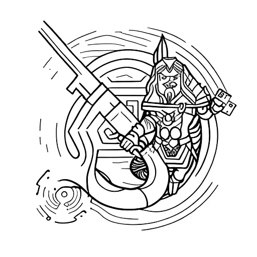 Create thor and hymir fishing the midgardsnake in a minimalistic shaman style for forarm tattoo design idea