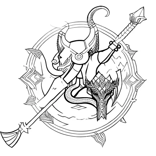 Create thor and hymir fishing the midgardsnake in a minimalistic shaman style tattoo design idea