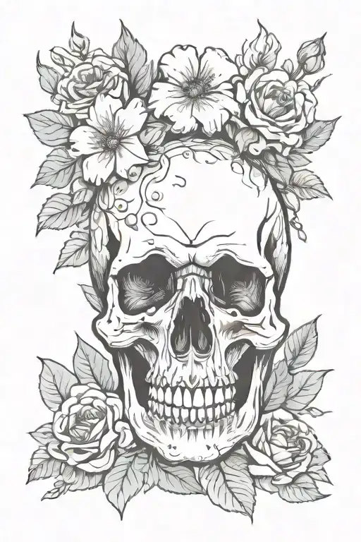 flowers and skull crying depression hard times tattoo design idea