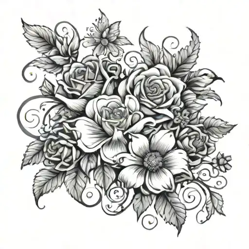 intertwined rose, daisy, aster, honeysuckle, and Lilly. with a cardinal  tattoo design idea