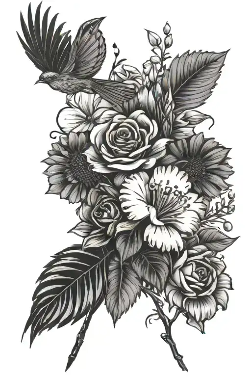 rose, honeysuckle, daisy, Lilly of the valley, aster flower intertwined with a cardinal  tattoo design idea