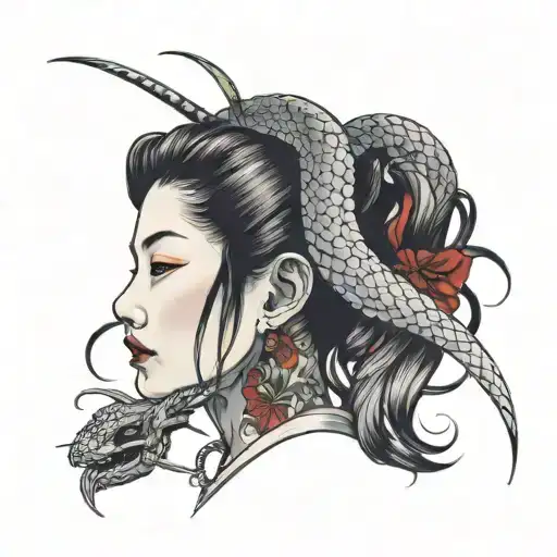 girl's head pierced by a dagger with a snake tattoo design idea