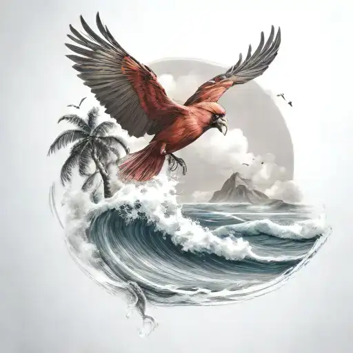 flying cardinal, and palm tree, rolling ocean wave breaking  tattoo design idea