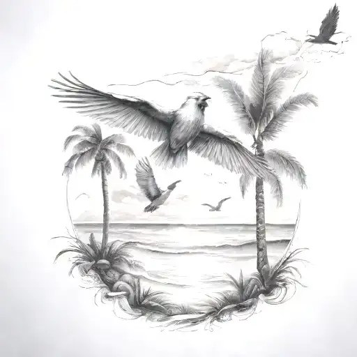 flying  cardinal to the ocean and palm tree with lightning  tattoo design idea