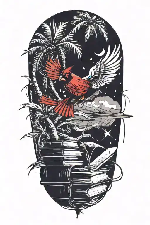  flying cardinal, palmtree, books   tattoo design idea