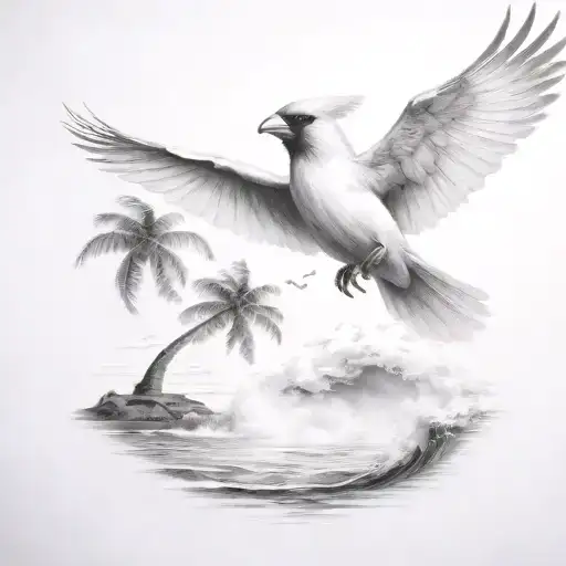 flying  cardinal to the ocean and palm tree with big wave and lightning  tattoo design idea