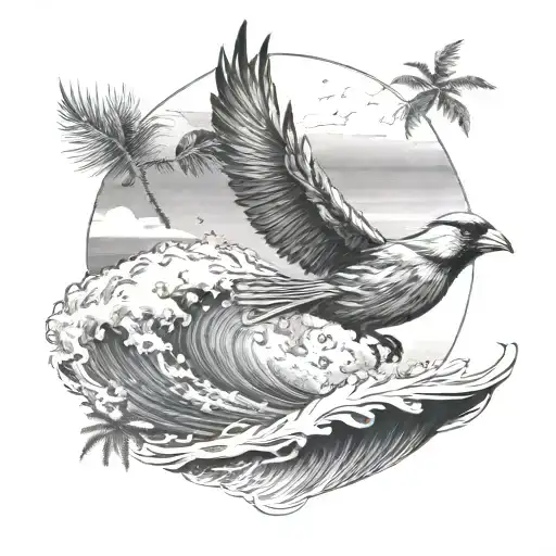 flying cardinal and rolling wave and palm tree tattoo design idea