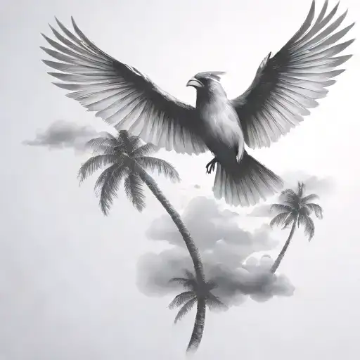 flying  cardinal and palm tree  siloette  and clouds  tattoo design idea