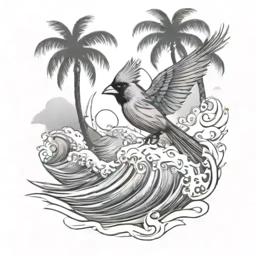 cardinal flying under an ocean wave with palm tree background tattoo design idea