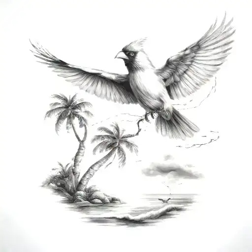 flying  cardinal to the ocean and palm tree with lightning  tattoo design idea