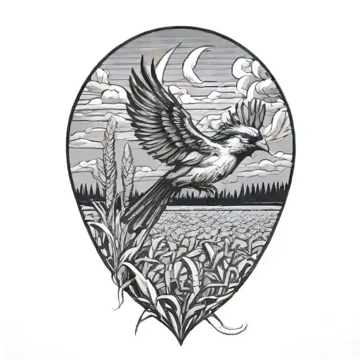  flying cardinal over a corn field tattoo design idea
