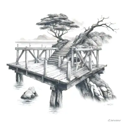 wooden  bridge to the ocean  tattoo design idea