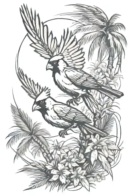 cardinal flying towards a palm tree  tattoo design idea