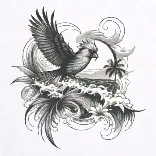 flying cardinal, and rolling ocean wave breaking, palm tree  tattoo design idea