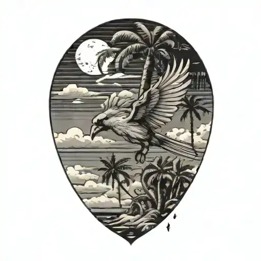 flying cardinal, palm trees, clouds surrounding tattoo design idea