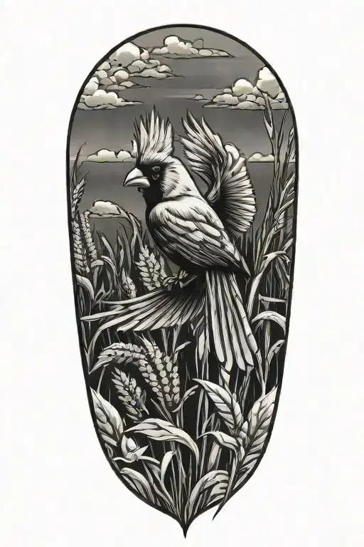 flying cardinal, corn field  tattoo design idea