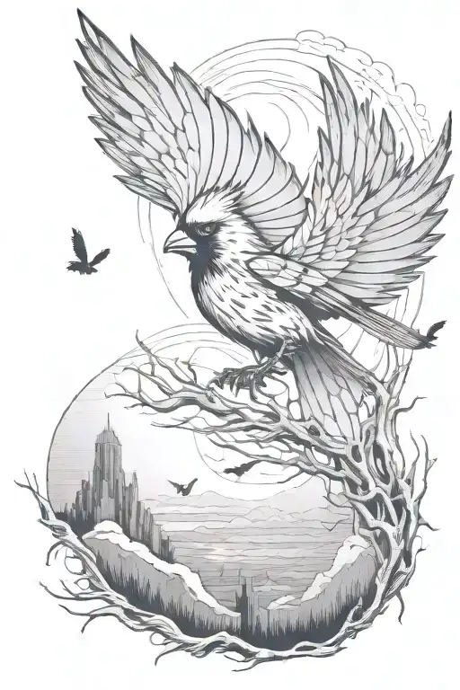 cardinal flying sun rays  tattoo design idea