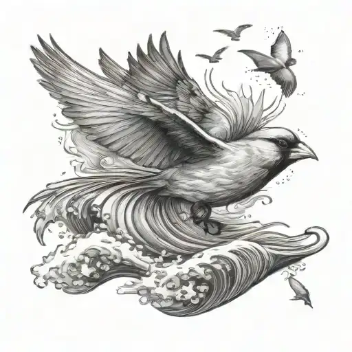 flying cardinal and rolling wave tattoo design idea