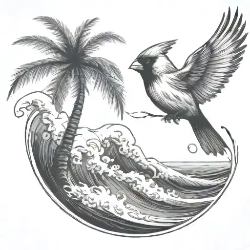 cardinal flying under an ocean wave with palm tree background tattoo design idea