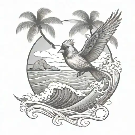 cardinal flying under an ocean wave with palm tree background tattoo design idea