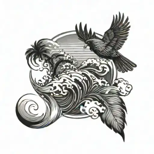 cardinal flying under an ocean wave with palm tree background tattoo design idea
