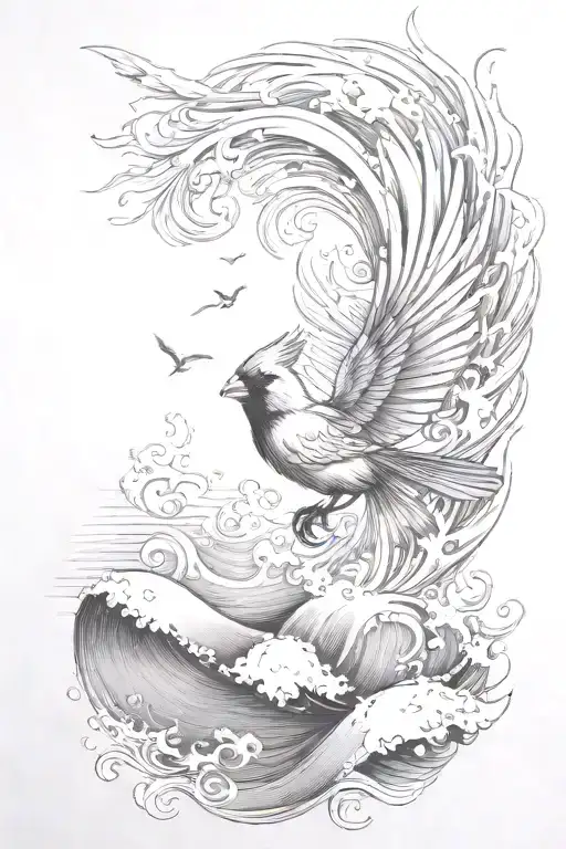 ocean waves with a cardinal  flying and showing light and dark and a palm tree tattoo design idea