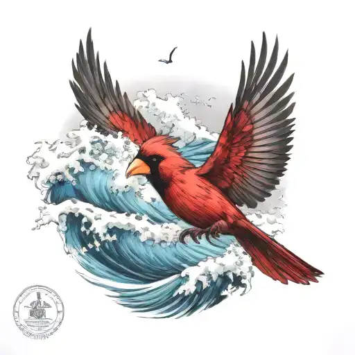 cardinal flying under an ocean wave breaking with a palm tree tattoo design idea